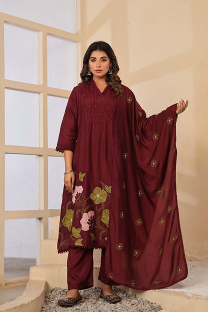 Dark Wine Fabric Mall Cotton Kurti Plazo Dupatta 3Pcs Set