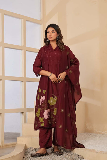 Dark Wine Fabric Mall Cotton Kurti Plazo Dupatta 3Pcs Set