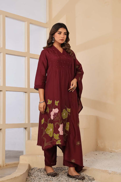 Dark Wine Fabric Mall Cotton Kurti Plazo Dupatta 3Pcs Set