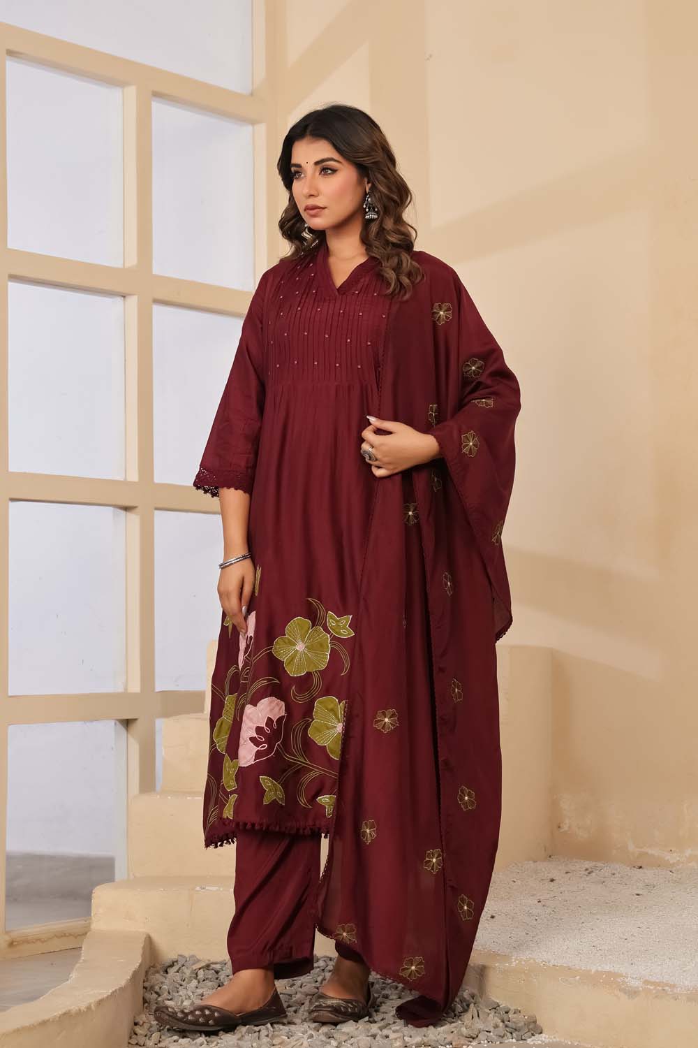 Dark Wine Fabric Mall Cotton Kurti Plazo Dupatta 3Pcs Set