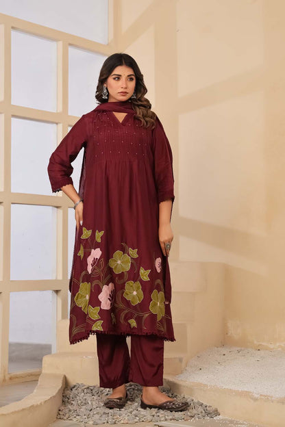 Dark Wine Fabric Mall Cotton Kurti Plazo Dupatta 3Pcs Set
