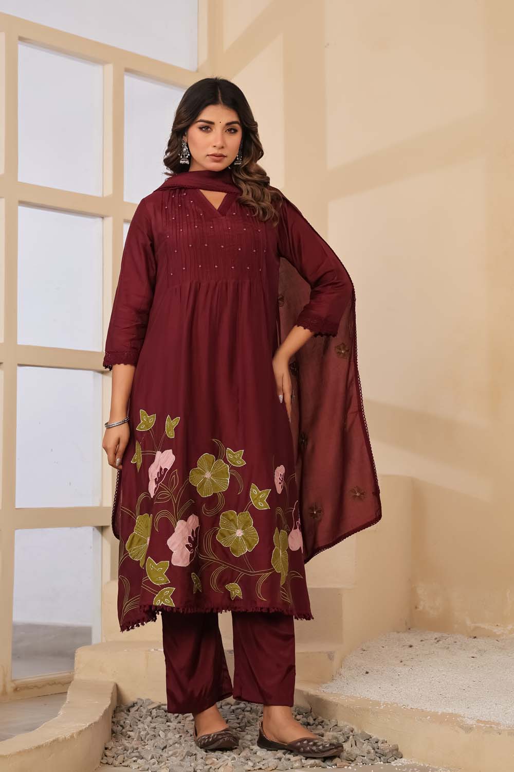 Dark Wine Fabric Mall Cotton Kurti Plazo Dupatta 3Pcs Set