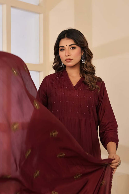 Dark Wine Fabric Mall Cotton Kurti Plazo Dupatta 3Pcs Set