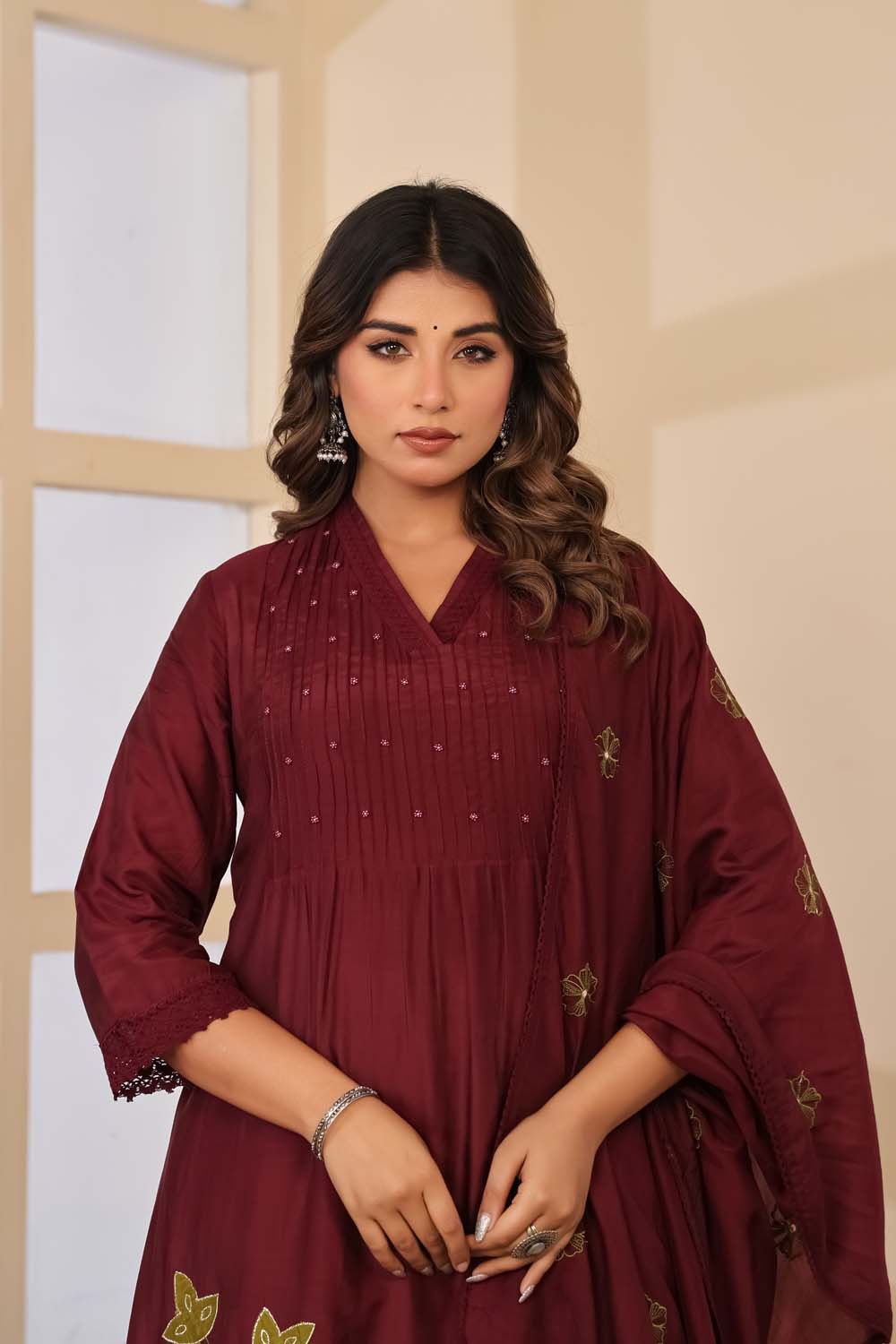 Dark Wine Fabric Mall Cotton Kurti Plazo Dupatta 3Pcs Set