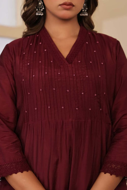 Dark Wine Fabric Mall Cotton Kurti Plazo Dupatta 3Pcs Set