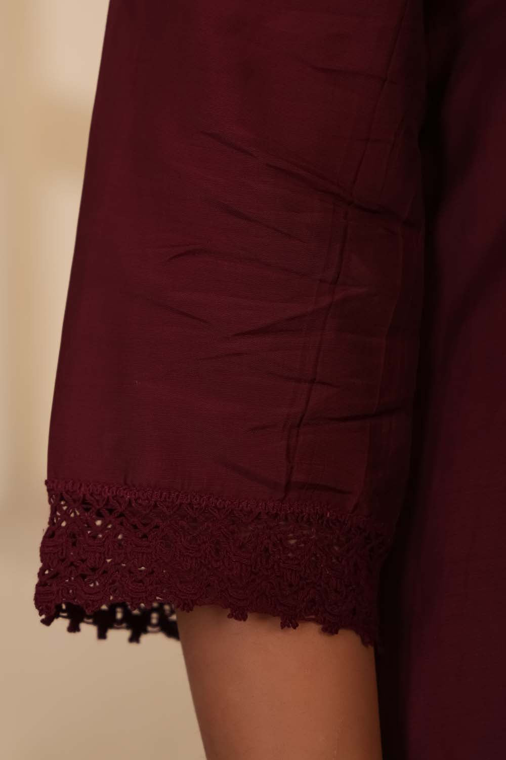 Dark Wine Fabric Mall Cotton Kurti Plazo Dupatta 3Pcs Set