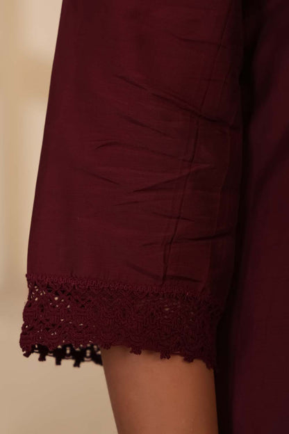Dark Wine Fabric Mall Cotton Kurti Plazo Dupatta 3Pcs Set