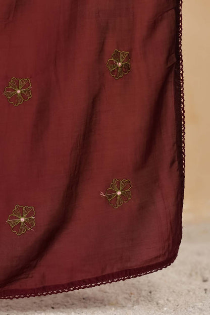 Dark Wine Fabric Mall Cotton Kurti Plazo Dupatta 3Pcs Set