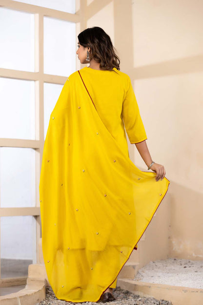 Yellow Fabric Mall Cotton Kurti Plazo Dupatta 3Pcs Set