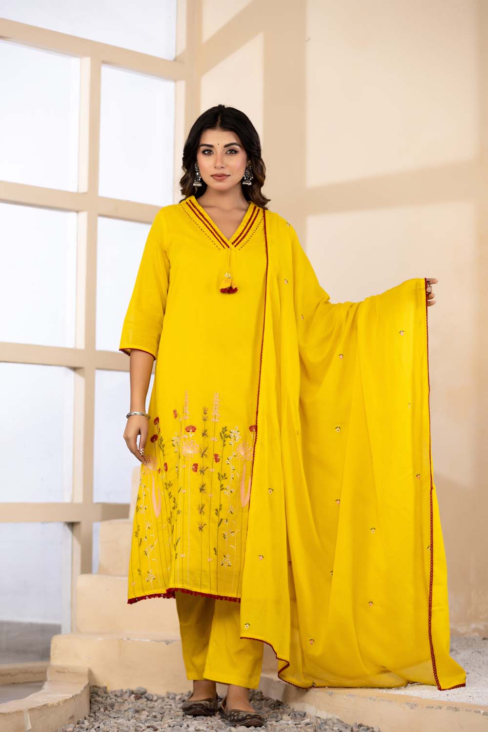 Yellow Fabric Mall Cotton Kurti Plazo Dupatta 3Pcs Set