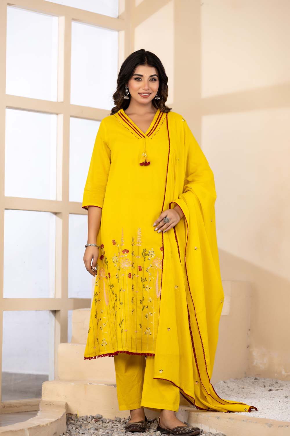 Yellow Fabric Mall Cotton Kurti Plazo Dupatta 3Pcs Set
