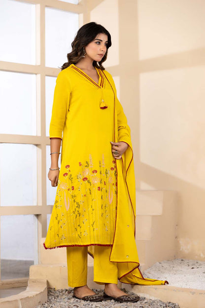 Yellow Fabric Mall Cotton Kurti Plazo Dupatta 3Pcs Set