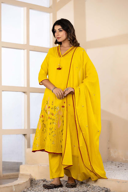 Yellow Fabric Mall Cotton Kurti Plazo Dupatta 3Pcs Set