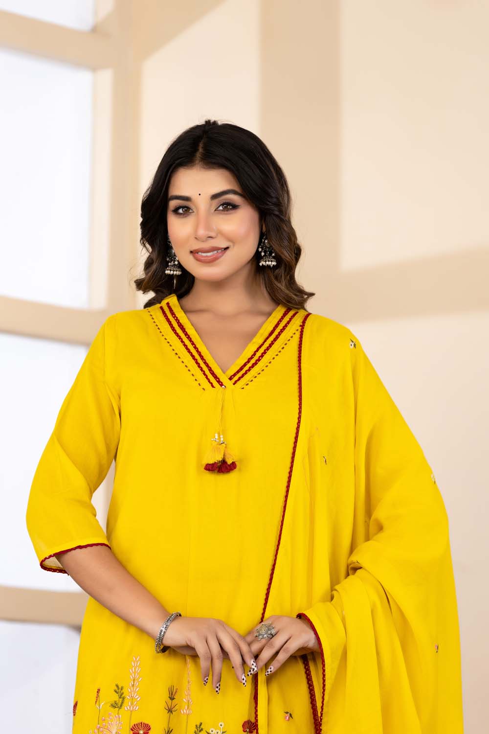 Yellow Fabric Mall Cotton Kurti Plazo Dupatta 3Pcs Set