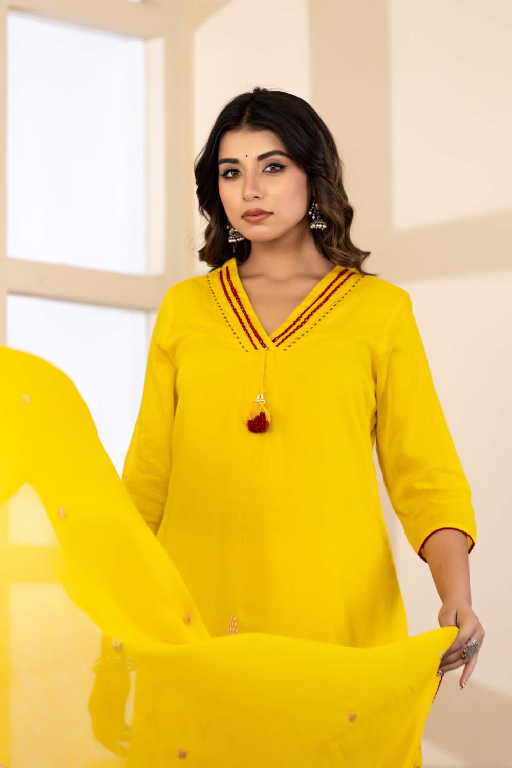 Yellow Fabric Mall Cotton Kurti Plazo Dupatta 3Pcs Set
