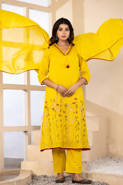 Yellow Fabric Mall Cotton Kurti Plazo Dupatta 3Pcs Set