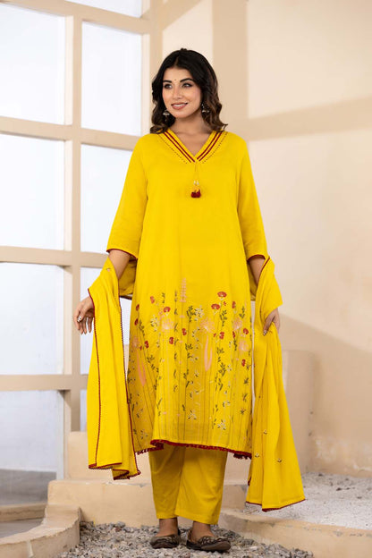 Yellow Fabric Mall Cotton Kurti Plazo Dupatta 3Pcs Set