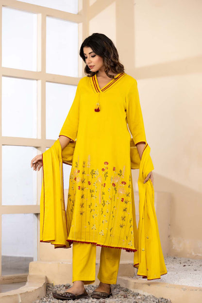 Yellow Fabric Mall Cotton Kurti Plazo Dupatta 3Pcs Set