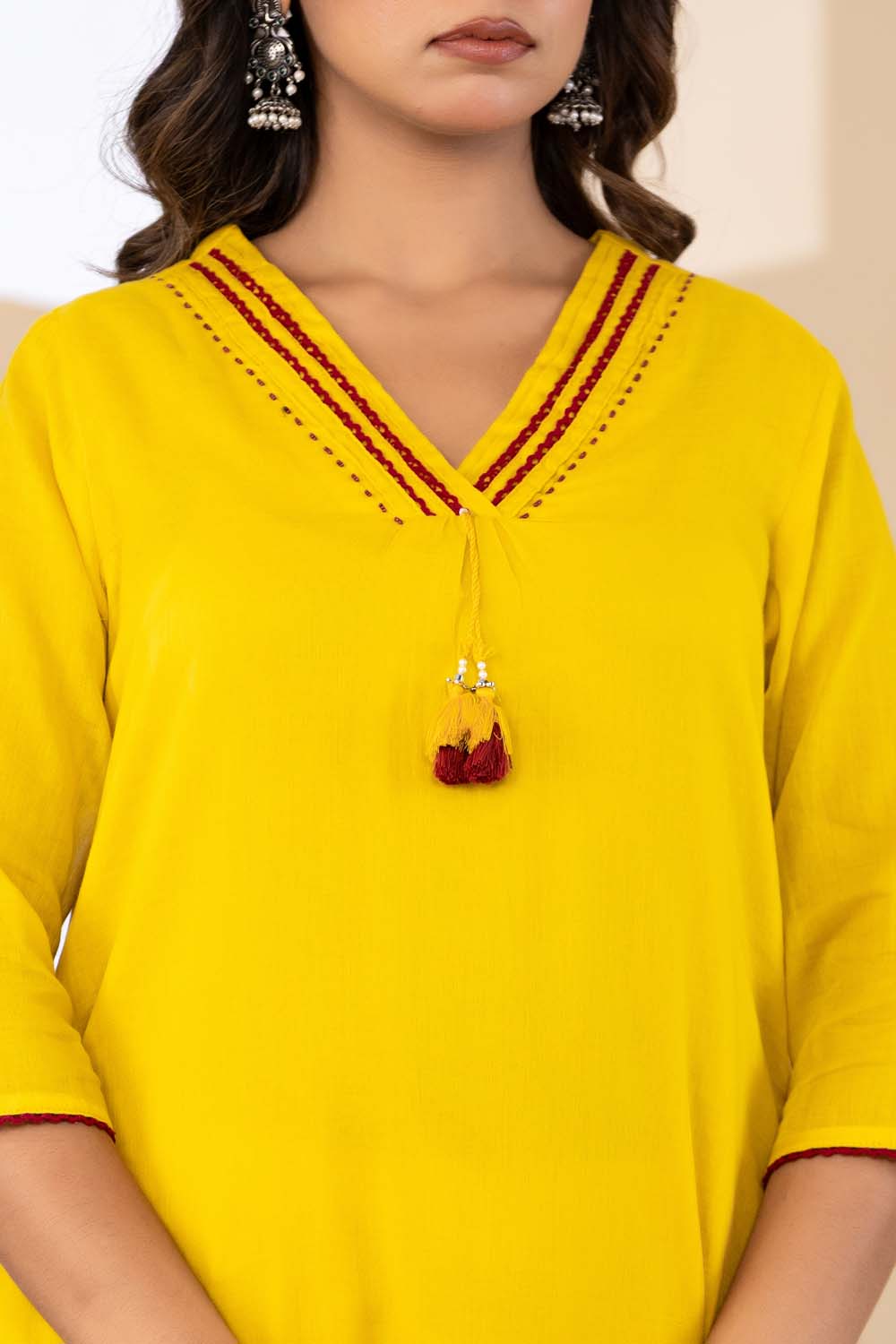 Yellow Fabric Mall Cotton Kurti Plazo Dupatta 3Pcs Set