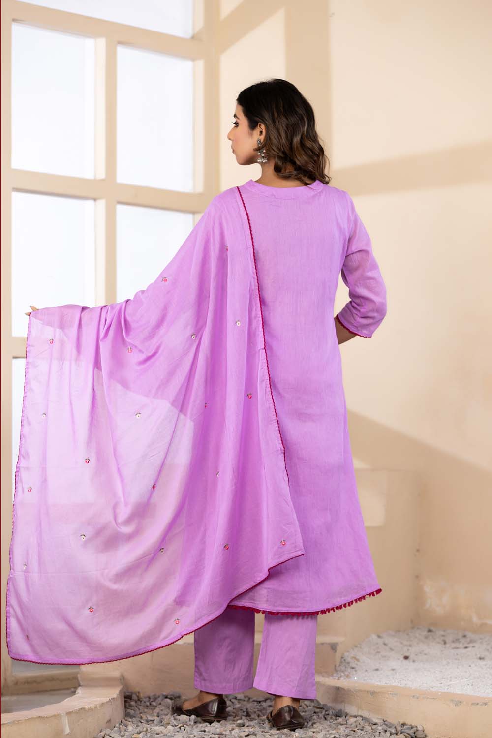Lavender Fabric Mall Cotton Kurti Plazo Dupatta 3Pcs Set