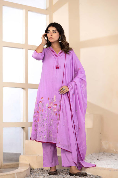 Lavender Fabric Mall Cotton Kurti Plazo Dupatta 3Pcs Set