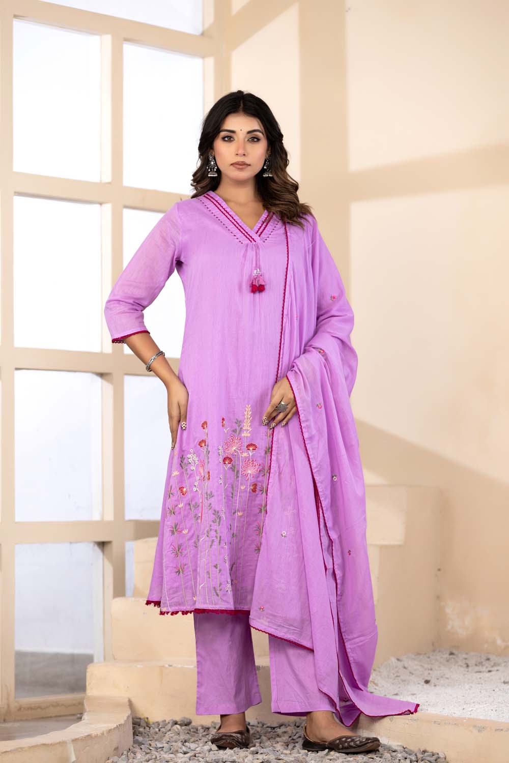 Lavender Fabric Mall Cotton Kurti Plazo Dupatta 3Pcs Set
