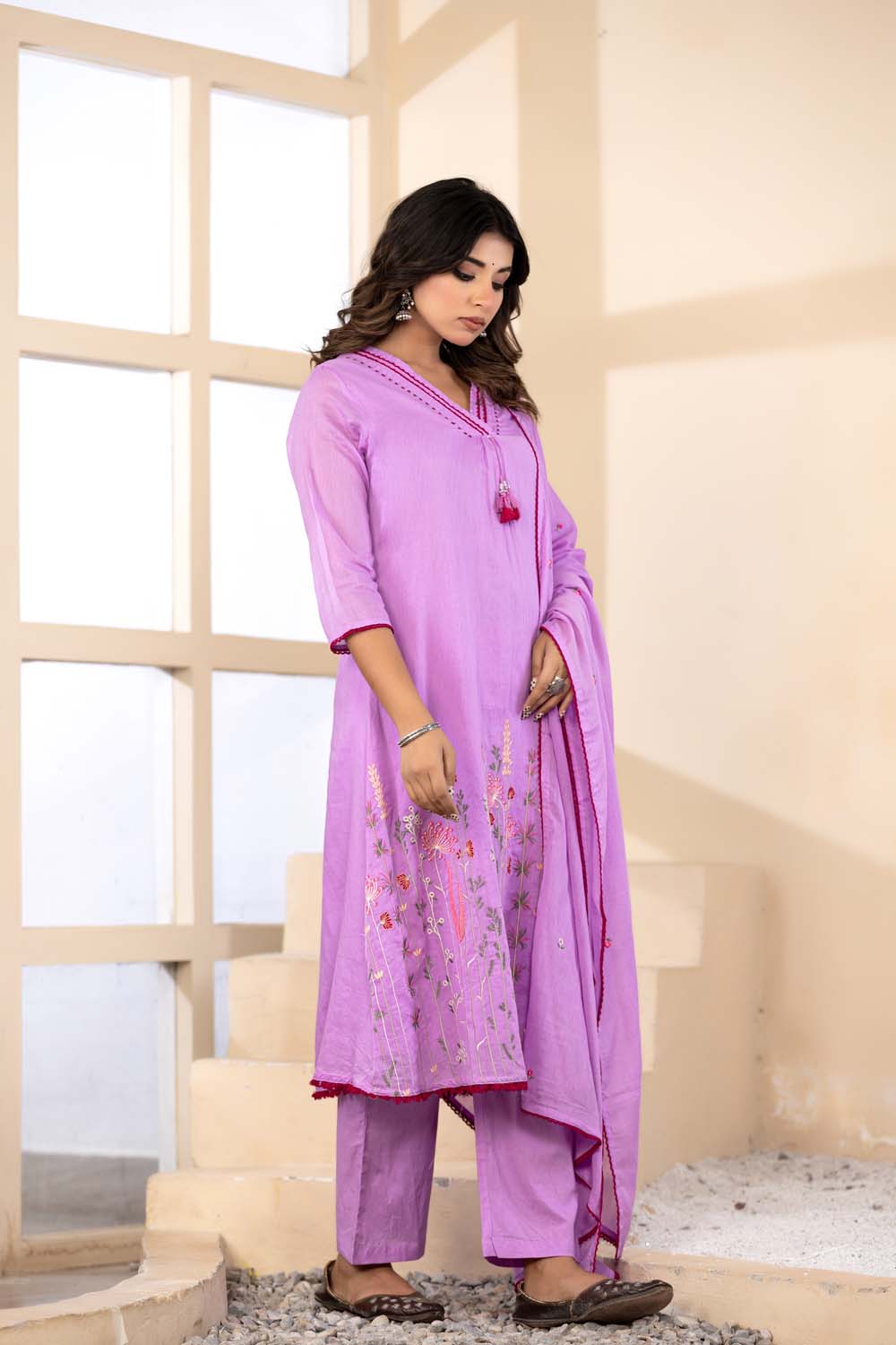 Lavender Fabric Mall Cotton Kurti Plazo Dupatta 3Pcs Set