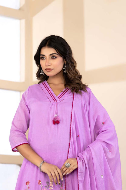 Lavender Fabric Mall Cotton Kurti Plazo Dupatta 3Pcs Set
