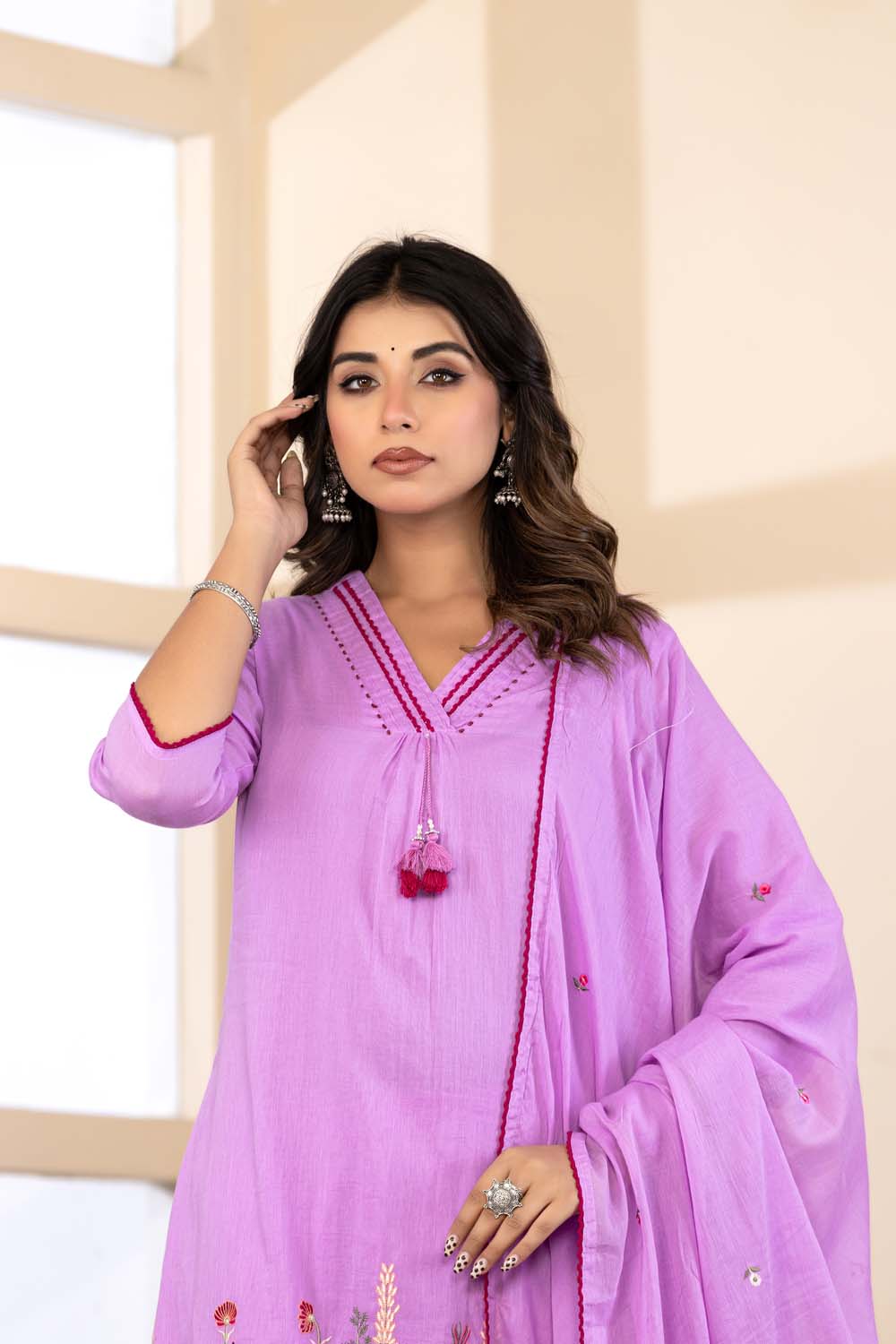 Lavender Fabric Mall Cotton Kurti Plazo Dupatta 3Pcs Set