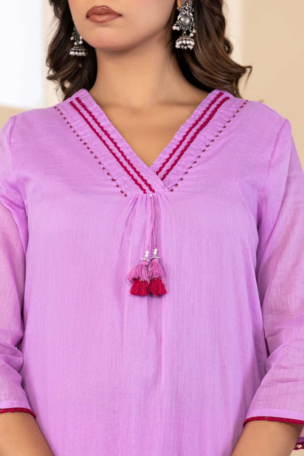 Lavender Fabric Mall Cotton Kurti Plazo Dupatta 3Pcs Set