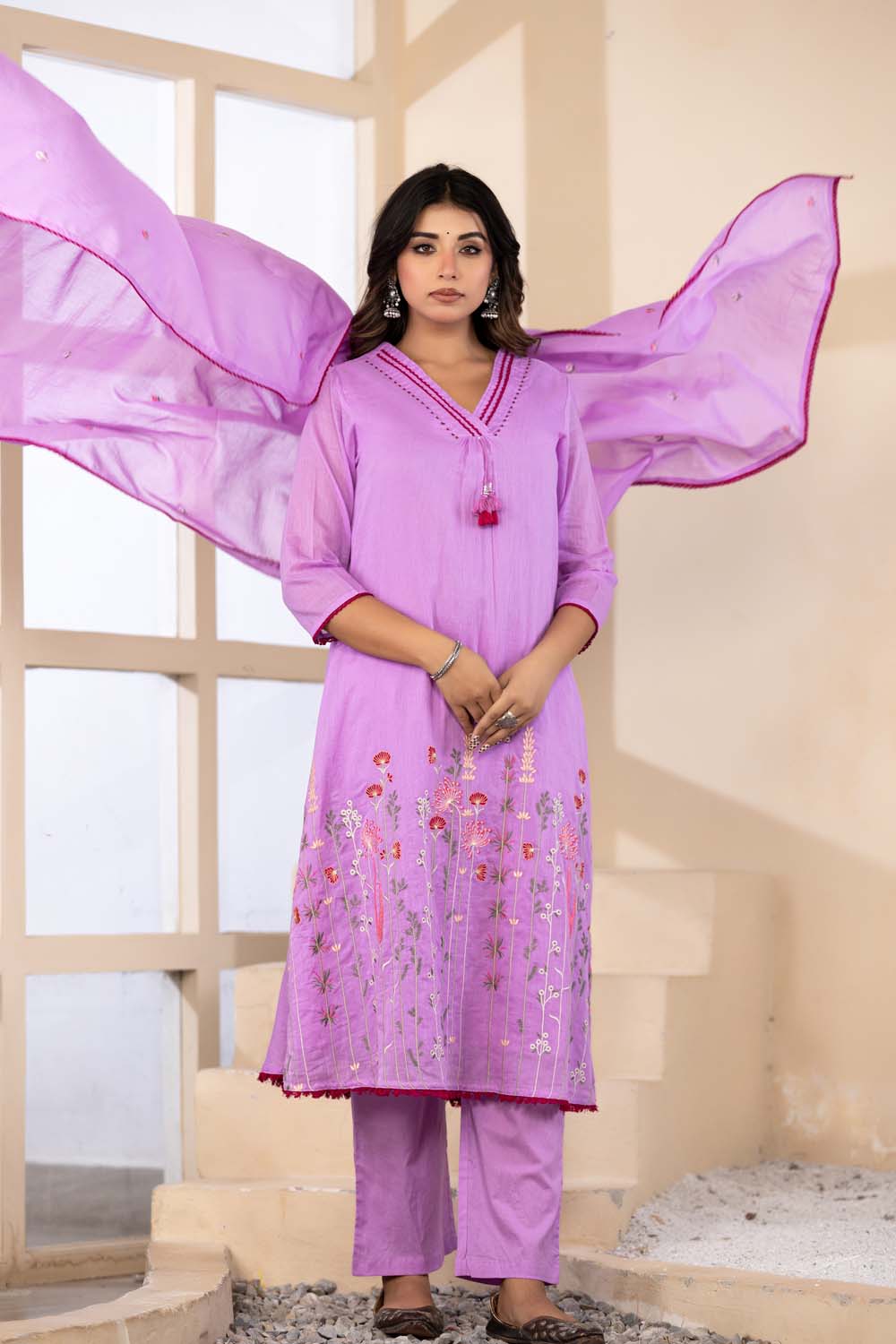 Lavender Fabric Mall Cotton Kurti Plazo Dupatta 3Pcs Set