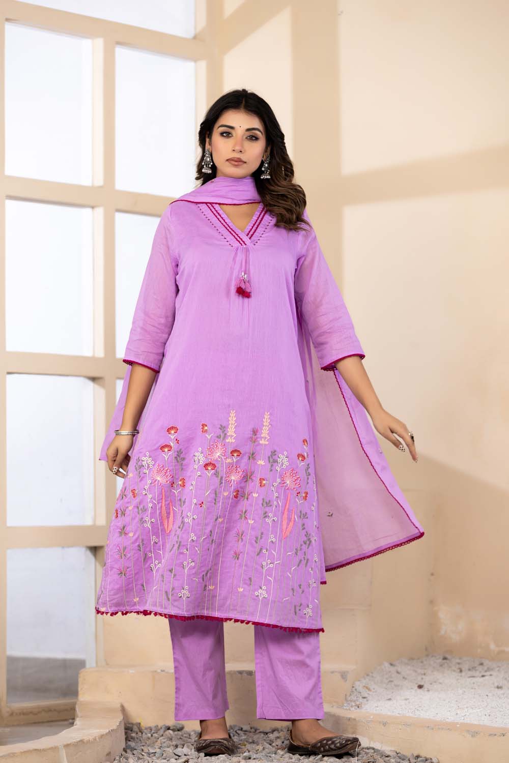 Lavender Fabric Mall Cotton Kurti Plazo Dupatta 3Pcs Set