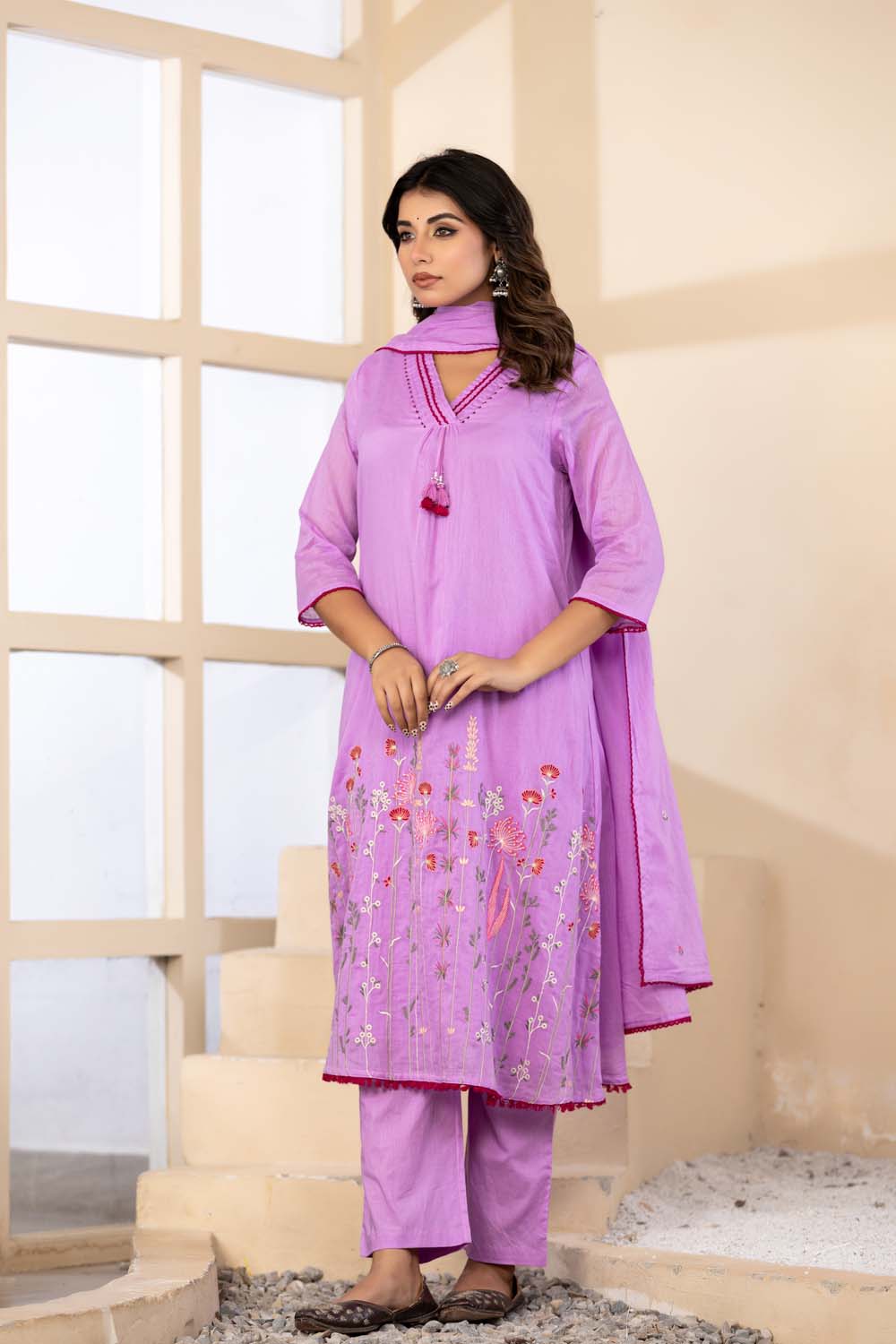 Lavender Fabric Mall Cotton Kurti Plazo Dupatta 3Pcs Set