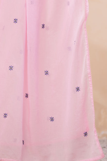 B Pink Fabric Mall Cotton Kurti Plazo Dupatta 3Pcs Set