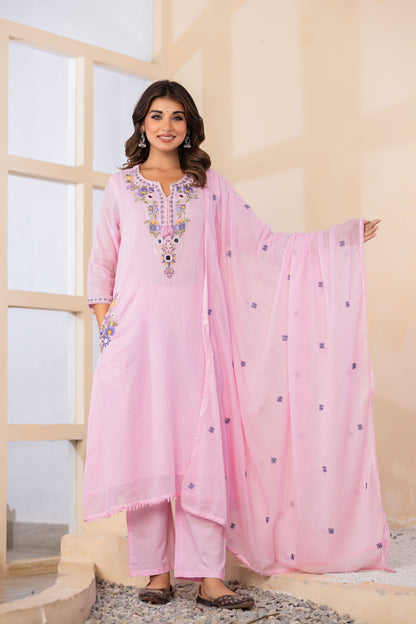 B Pink Fabric Mall Cotton Kurti Plazo Dupatta 3Pcs Set