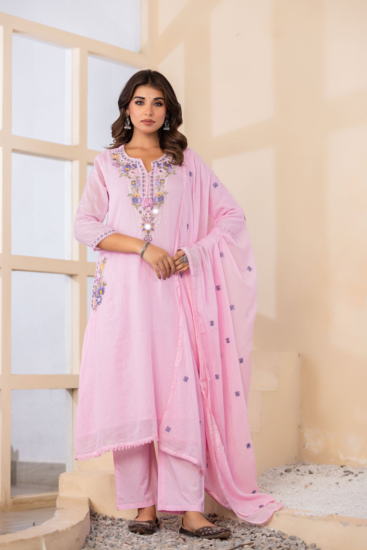 B Pink Fabric Mall Cotton Kurti Plazo Dupatta 3Pcs Set