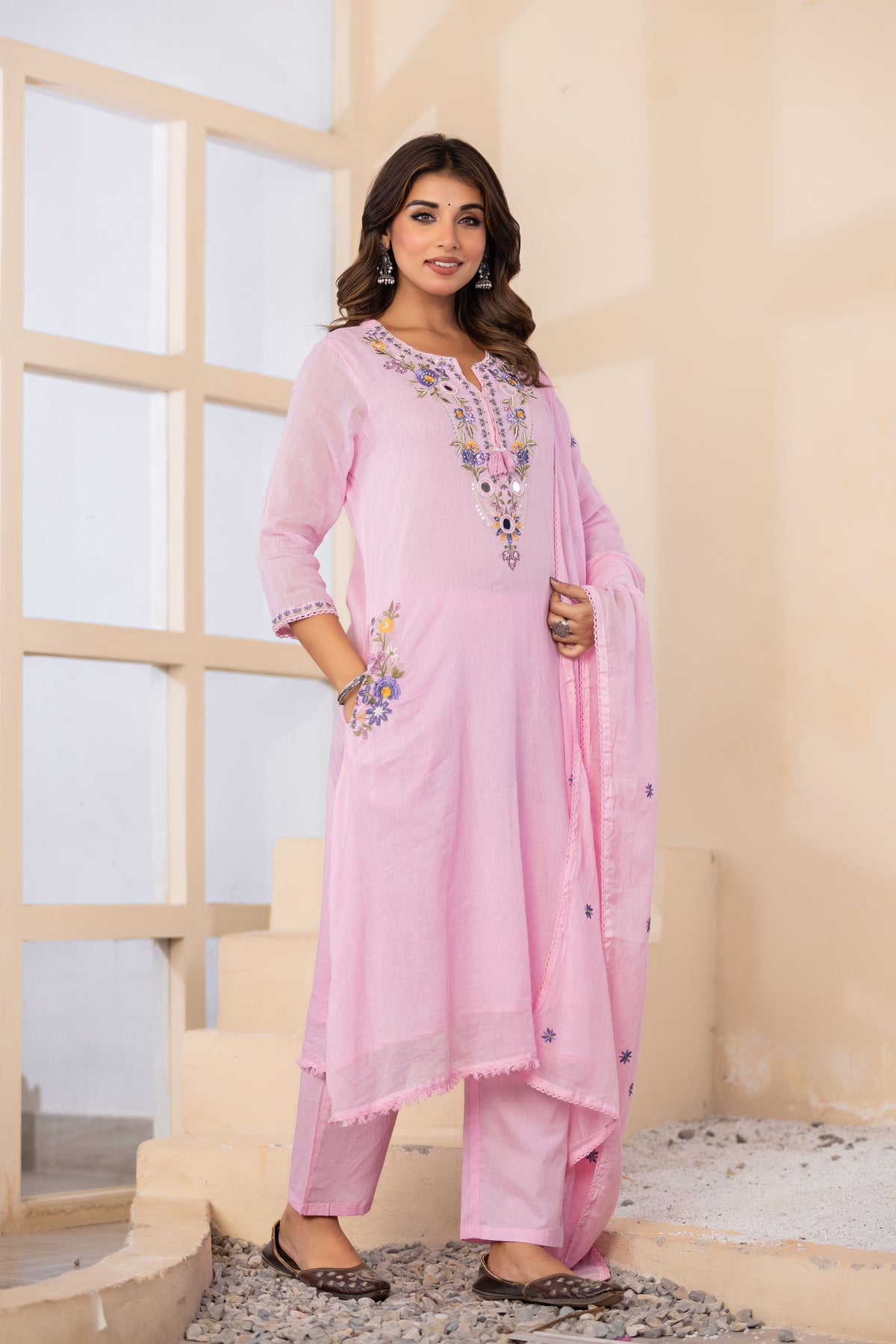 B Pink Fabric Mall Cotton Kurti Plazo Dupatta 3Pcs Set