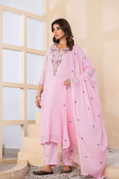 B Pink Fabric Mall Cotton Kurti Plazo Dupatta 3Pcs Set