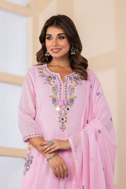B Pink Fabric Mall Cotton Kurti Plazo Dupatta 3Pcs Set