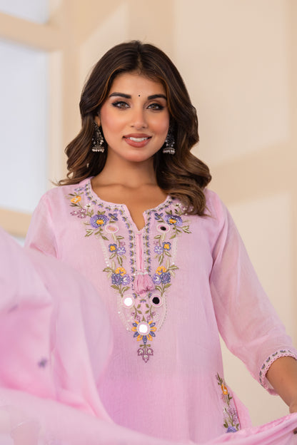 B Pink Fabric Mall Cotton Kurti Plazo Dupatta 3Pcs Set