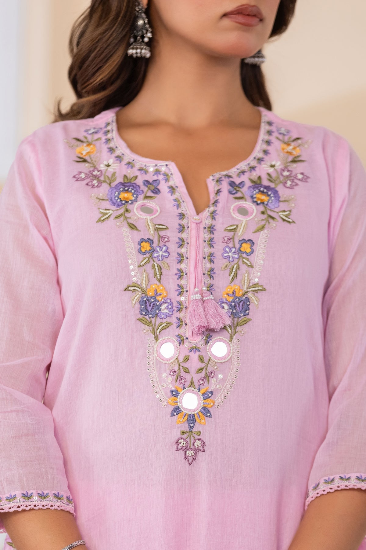 B Pink Fabric Mall Cotton Kurti Plazo Dupatta 3Pcs Set