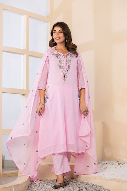 B Pink Fabric Mall Cotton Kurti Plazo Dupatta 3Pcs Set