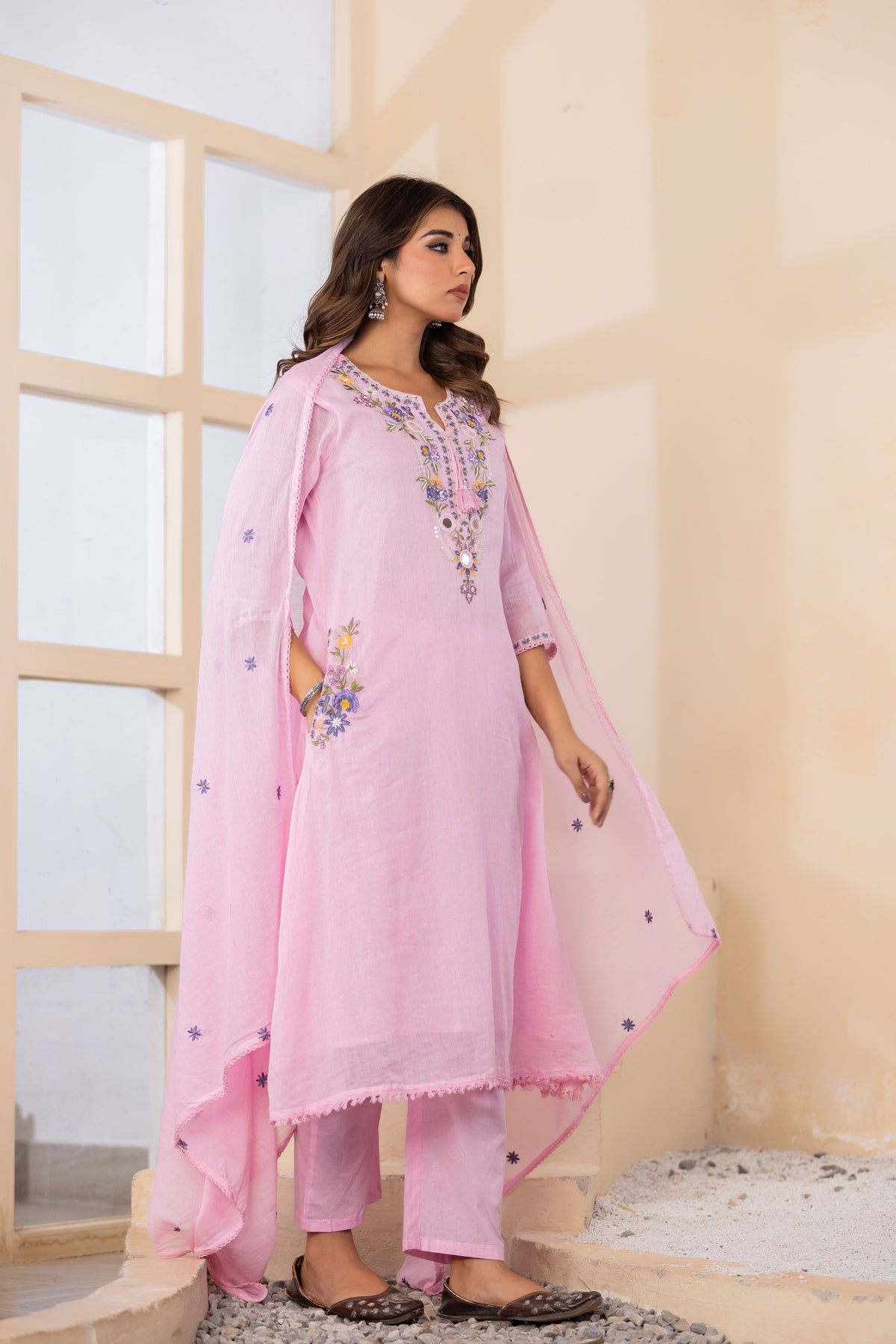 B Pink Fabric Mall Cotton Kurti Plazo Dupatta 3Pcs Set