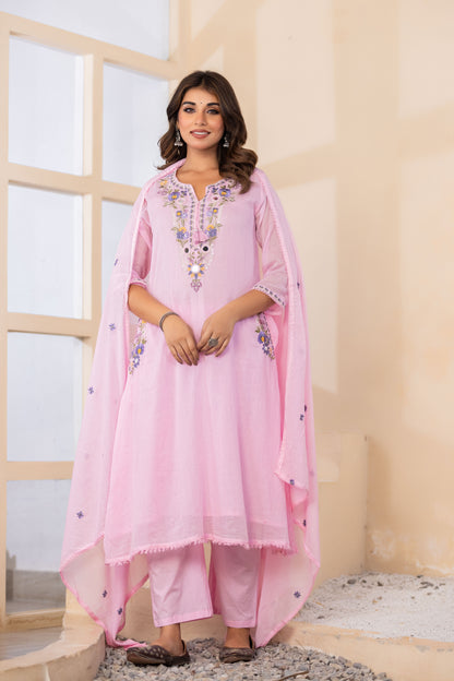 B Pink Fabric Mall Cotton Kurti Plazo Dupatta 3Pcs Set