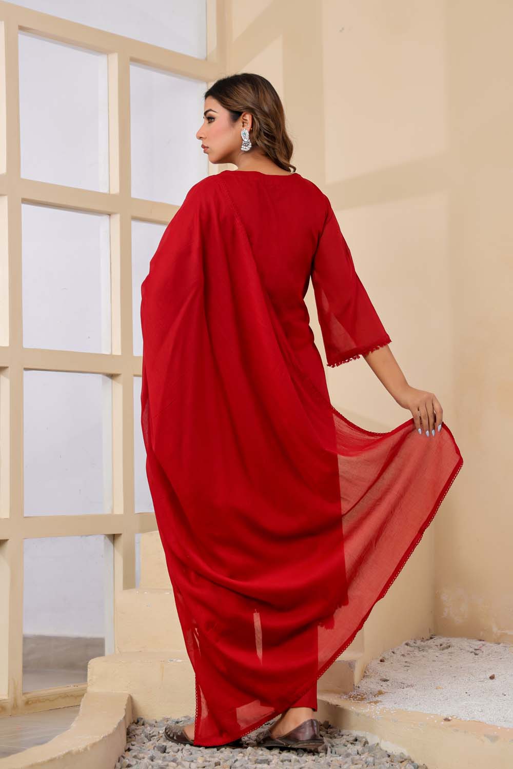 Maroon Fabric Mall Cotton Kurti Plazo Dupatta 3Pcs Set