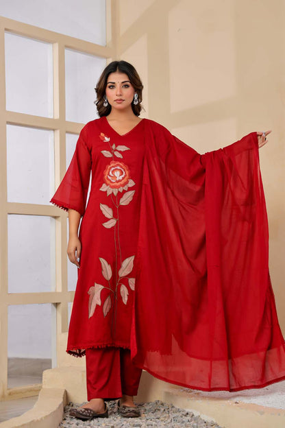Maroon Fabric Mall Cotton Kurti Plazo Dupatta 3Pcs Set