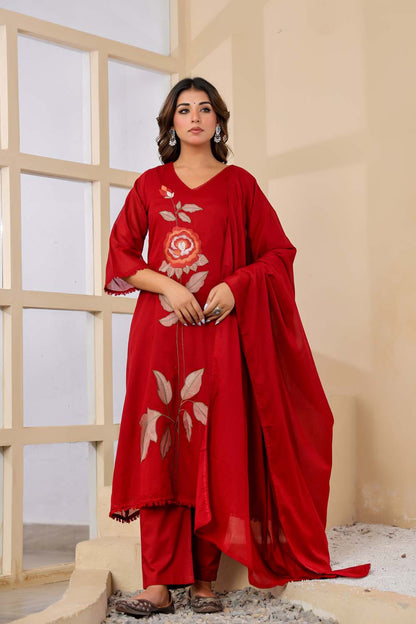 Maroon Fabric Mall Cotton Kurti Plazo Dupatta 3Pcs Set