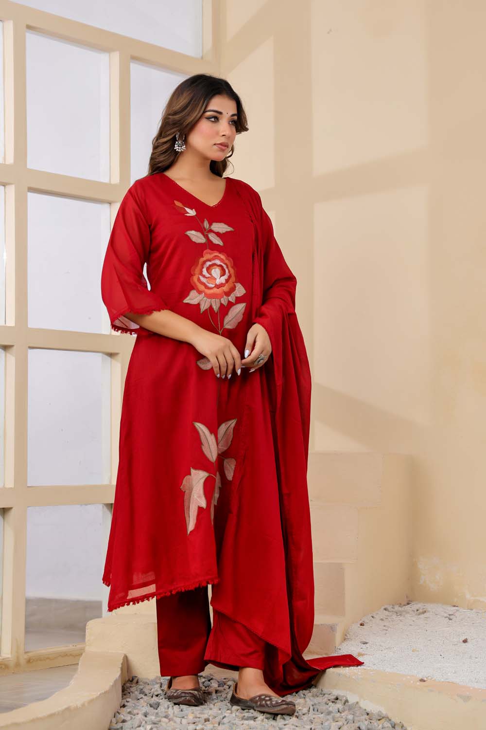 Maroon Fabric Mall Cotton Kurti Plazo Dupatta 3Pcs Set