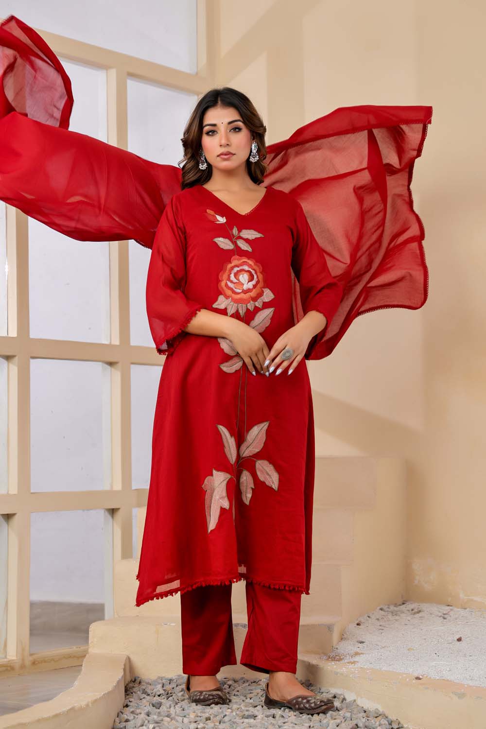 Maroon Fabric Mall Cotton Kurti Plazo Dupatta 3Pcs Set