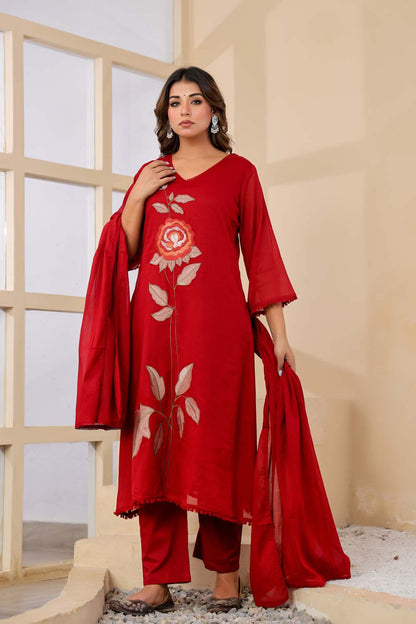 Maroon Fabric Mall Cotton Kurti Plazo Dupatta 3Pcs Set